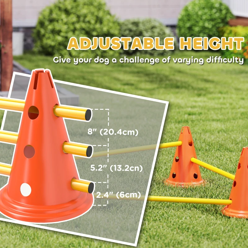 PawHut Dog Agility Hurdle Cone Set, Adjustable Obstacle Course Equipment with 6 Cones & 6 Poles, Carry Bag, Orange