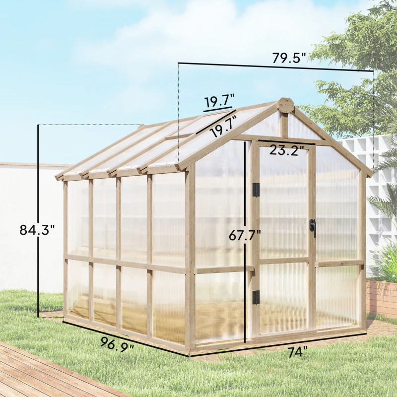 Outsunny 6.6 x 8 ft. Polycarbonate Greenhouse Wooden Walk-in Greenhouse Kit with Thickened Panels, Roof Vent, and Lockable Door