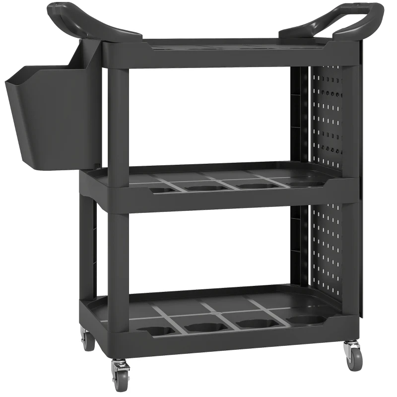 HOMCOM 3-Tier Rolling Tool Cart, 200 LBS Capacity Plastic Utility Cart with Side Shelf and Storage Bucket, Black