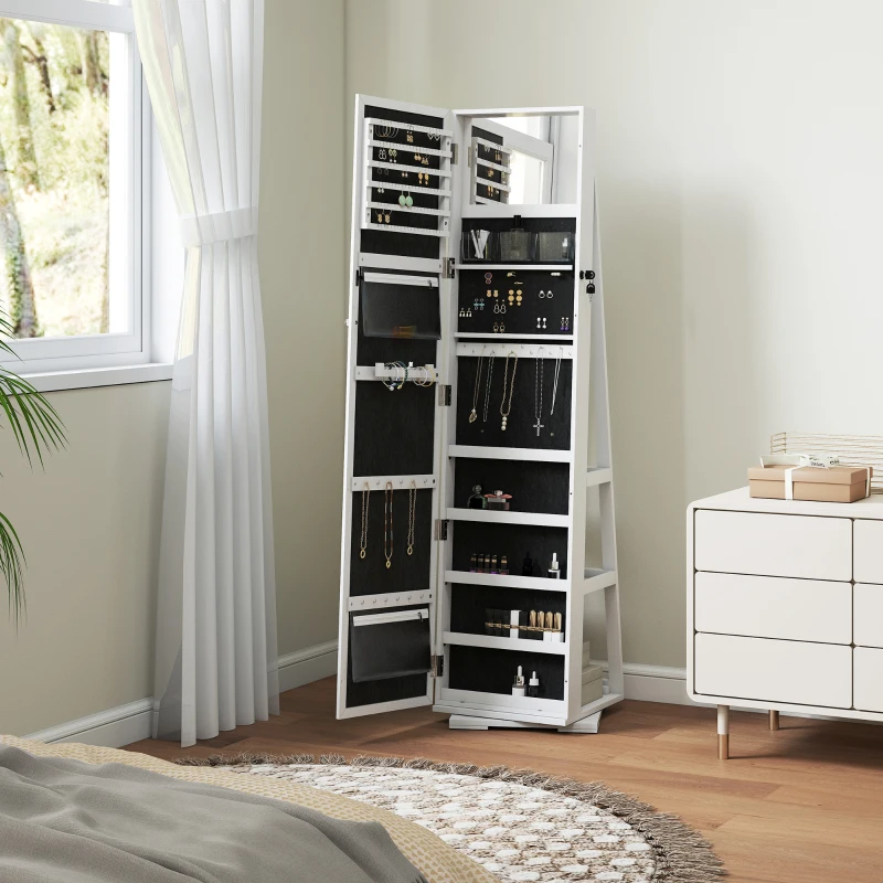 HOMCOM 360° Swivel Jewelry Armoire, Lockable Mirror Jewelry Cabinet with Built-In Small Mirror, White