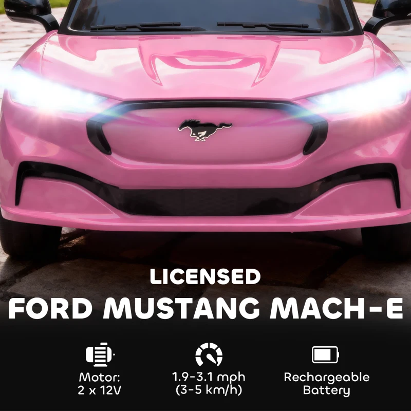 Qaba 12V Kids Ride On Car, Licensed Ford Mustang Mach-E Electric Car with Remote Control, LED Light, Music, Pink