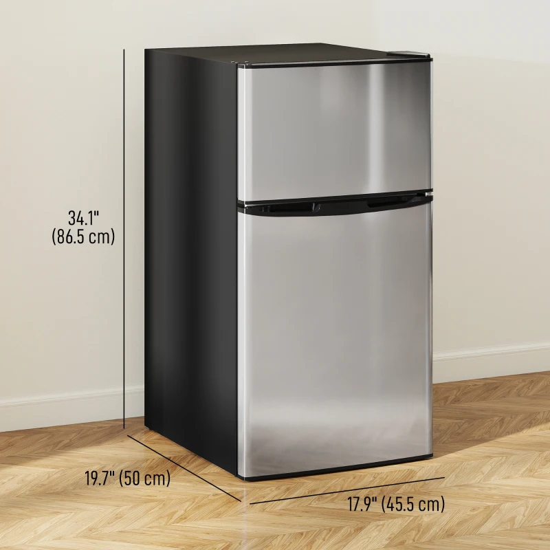 HOMCOM 3.2 Cu Ft Compact Refrigerator, Mini Fridge with Freezer, Adjustable Shelves and Reversible Doors for Bedroom, Silver