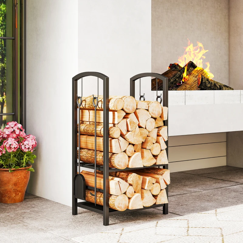 Outsunny 2-Tier Firewood Log Rack with 4 Tools, Fireplace Wood Storage Holder with Shovel, Broom, Poker, Tongs and Hooks, Black