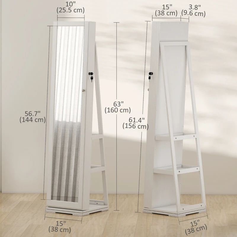 HOMCOM 360° Swivel Jewelry Armoire, Lockable Mirror Jewelry Cabinet with Built-In Small Mirror, White