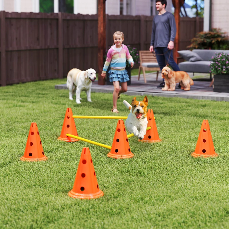 PawHut Dog Agility Hurdle Cone Set, Adjustable Obstacle Course Equipment with 6 Cones & 6 Poles, Carry Bag, Orange