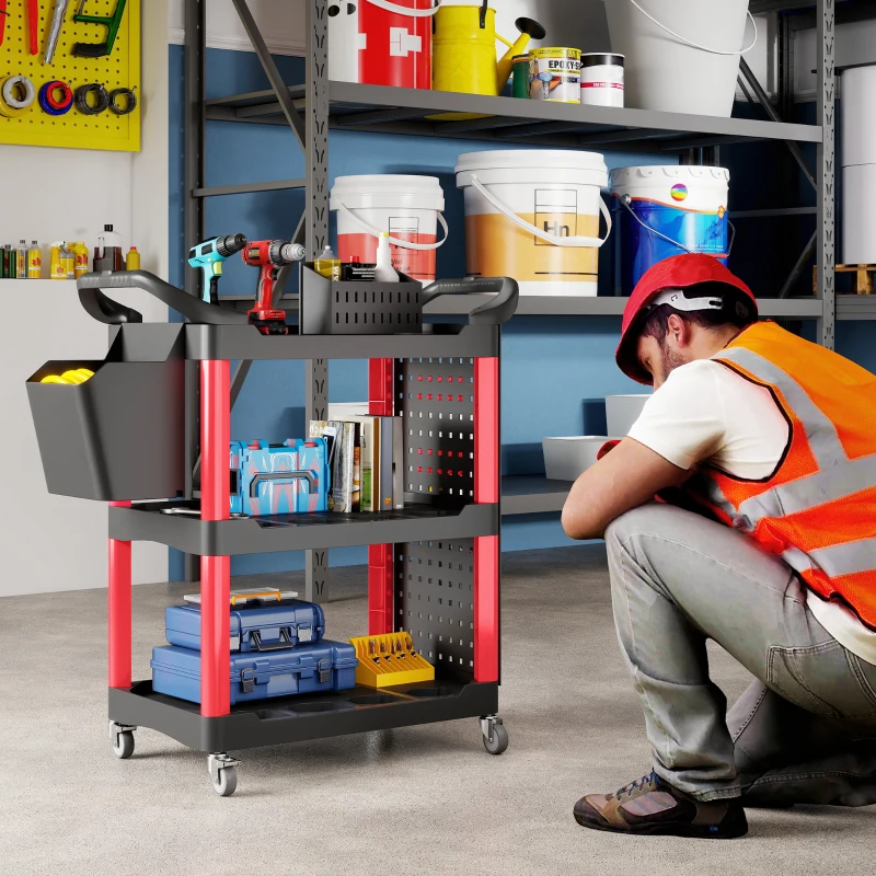 HOMCOM 3-Tier Rolling Tool Cart, 200 LBS Capacity Plastic Utility Cart with Side Shelf and Storage Bucket, Black & Red