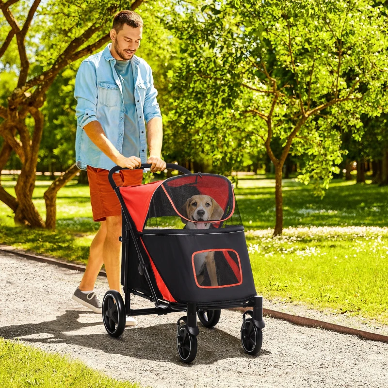 PawHut Dog Stroller for Large Medium Small Dogs up to 66 Lbs. 23.5" in Body Length, One-Click Foldable Pet Cat Stroller with Storage, Shock Absorption Wheels, Mesh Window, Safety Leash, Red