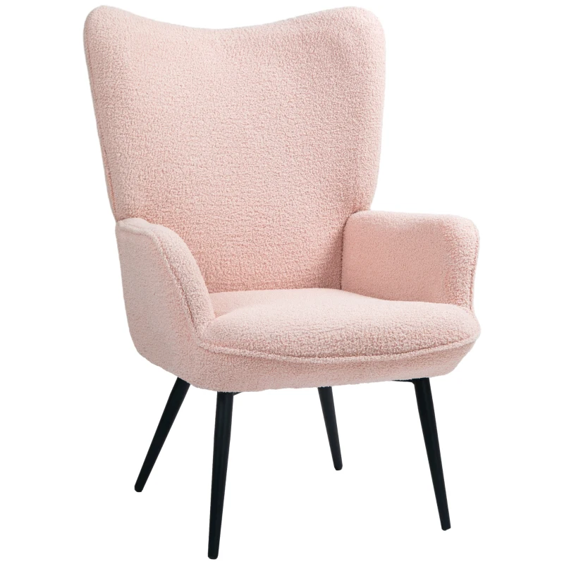 HOMCOM Accent Sherpa Chair, Upholstered Armchair, Fluffy Wingback Chair for Living Room, Reading Room, Pink