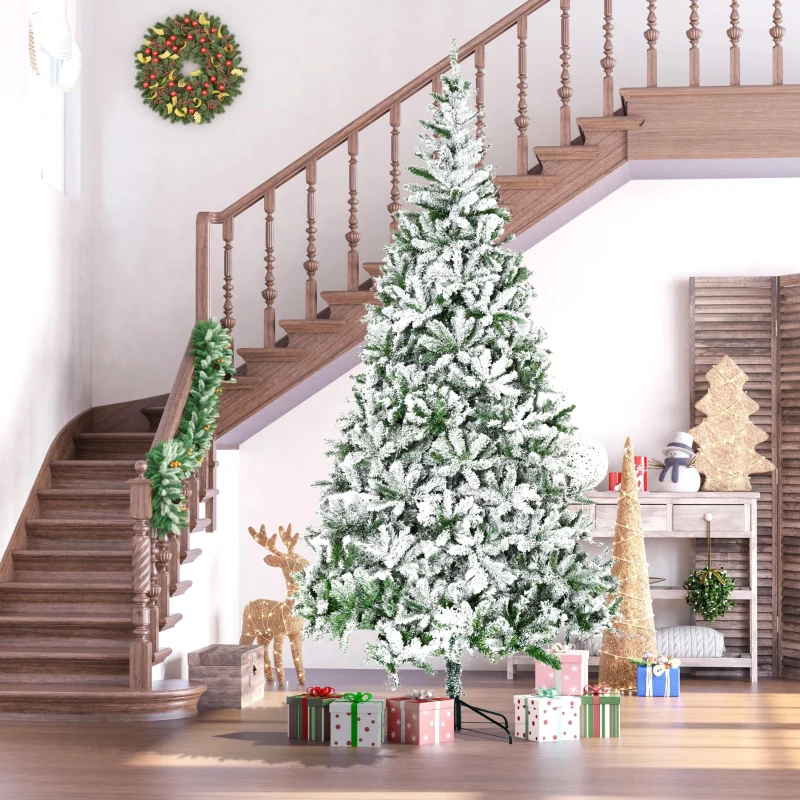 HOMCOM 9' Tall Unlit Snow Flocked Pine Artificial Christmas Tree with Realistic Branches, Green
