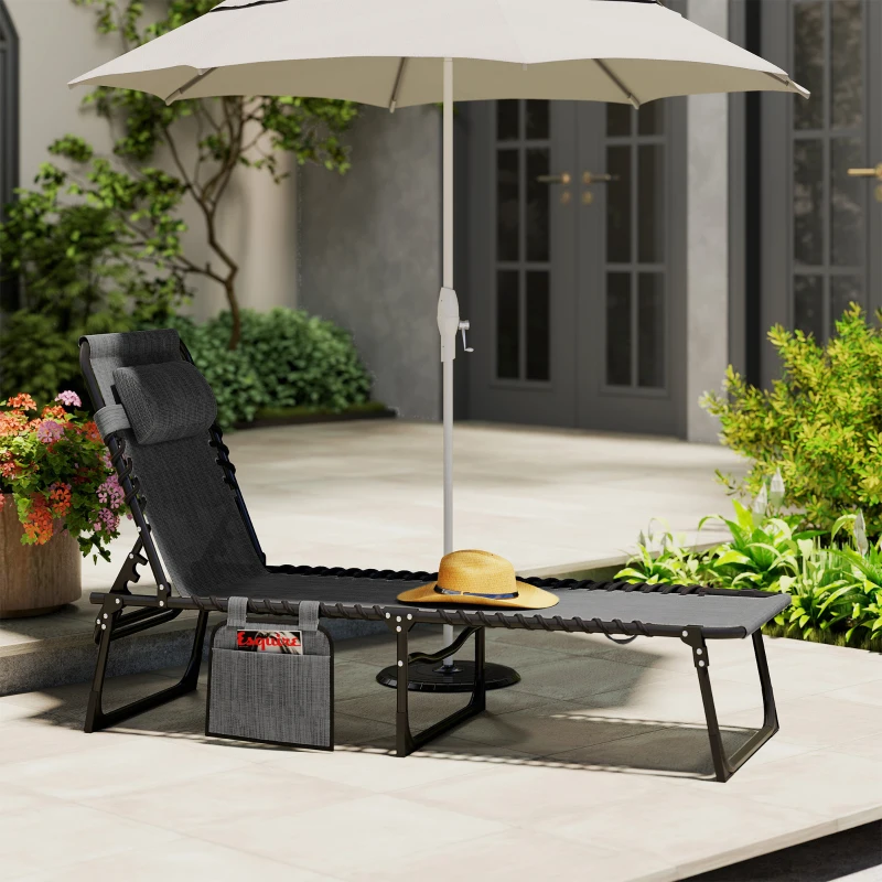 Outsunny Chaise Lounge Chair Outdoor, 5-Position Adjustable Sun Tanning Chair with Carrying Handle and Side Pocket, Folding Bed Cot with Removable Pillow for Garden, Beach, Patio, Pool, Camp, Gray