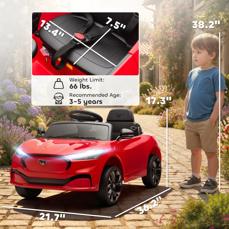 Qaba 12V Kids Ride On Car, Licensed Ford Mustang Mach-E Electric Car with Remote Control, LED Light, Music, Red