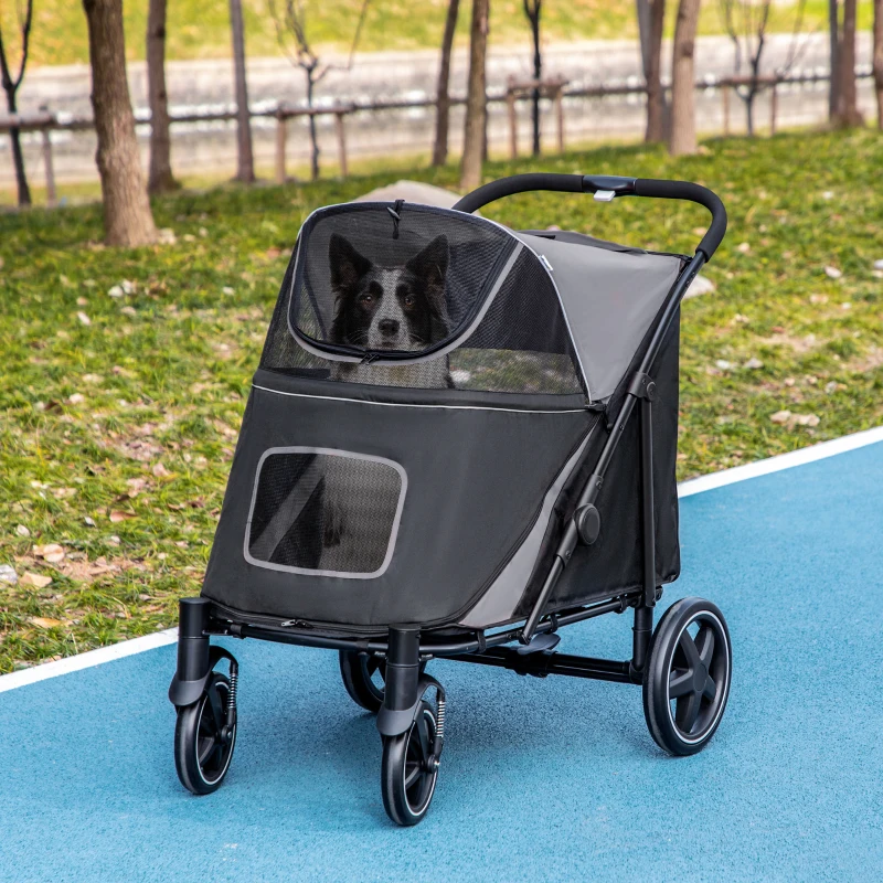 PawHut Dog Stroller for Large Medium Small Dogs up to 66 Lbs. 23.5" in Body Length, One-Click Foldable Pet Cat Stroller with Storage, Shock Absorption Wheels, Mesh Window, Safety Leash, Gray