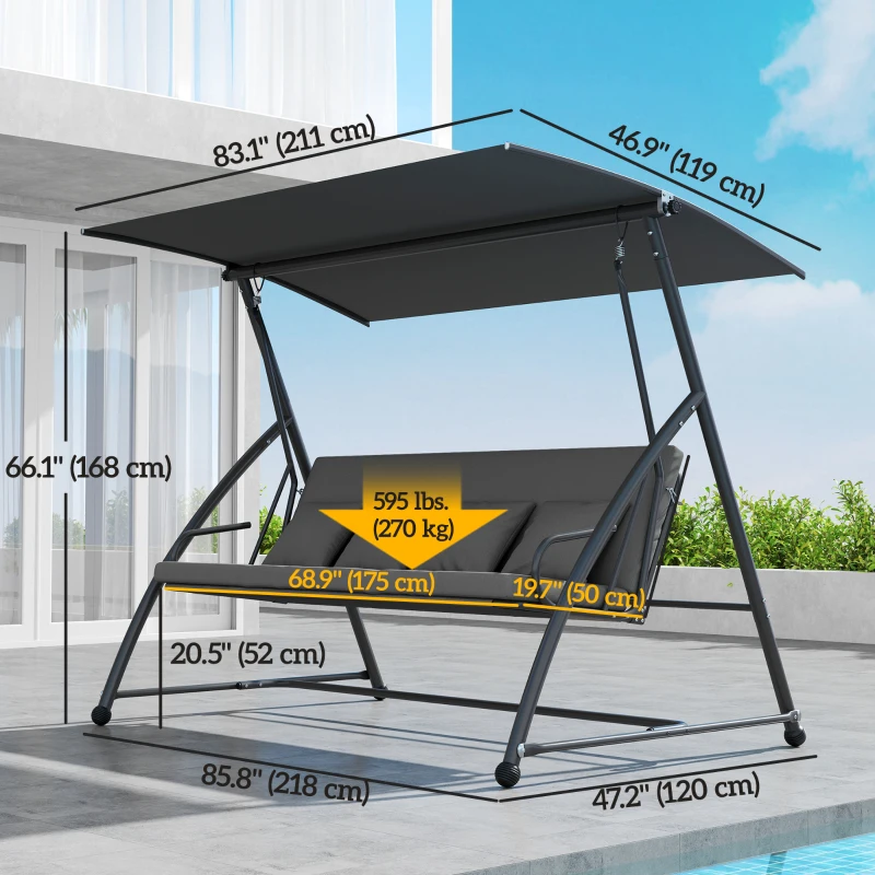 Outsunny Patio Swing Chair, 3 Person Convertible Hammock, Outdoor Swing Lounge Bed, Cushioned with Tilt Canopy, Dark Grey