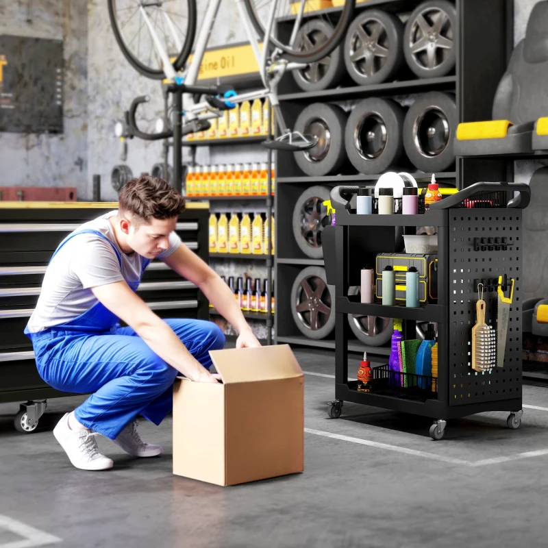 HOMCOM 3-Tier Rolling Tool Cart, 200 LBS Capacity Plastic Utility Cart with Side Shelf and Storage Bucket, Black