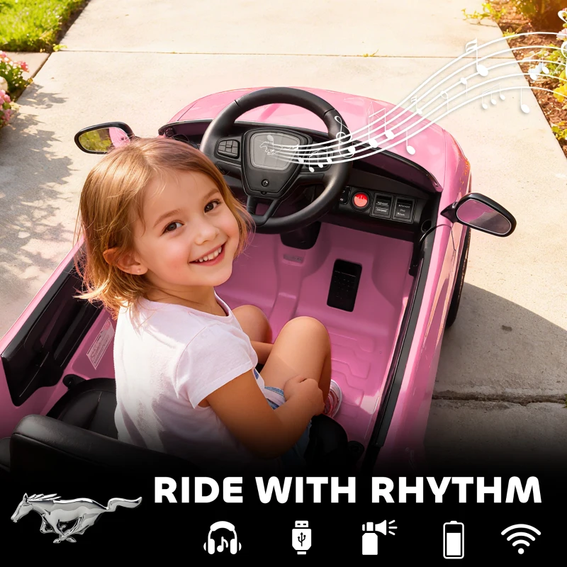 Qaba 12V Kids Ride On Car, Licensed Ford Mustang Mach-E Electric Car with Remote Control, LED Light, Music, Pink