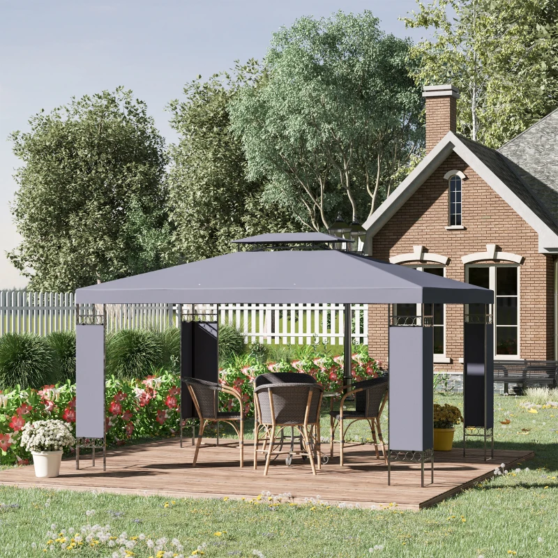 Outsunny 10' x 13' Outdoor Gazebo, Double Roof Patio Gazebo Canopy Shelter with Screen Decorate Corner Frame, Grey