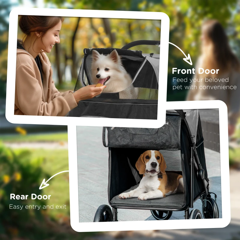 PawHut Dog Stroller for Large Medium Small Dogs up to 66 Lbs. 23.5" in Body Length, One-Click Foldable Pet Cat Stroller with Storage, Shock Absorption Wheels, Mesh Window, Safety Leash, Gray