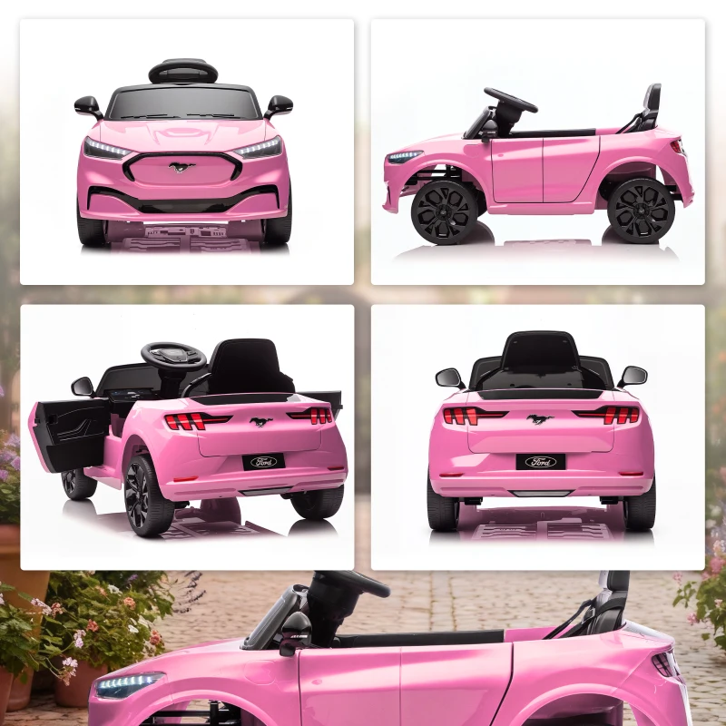 Qaba 12V Kids Ride On Car, Licensed Ford Mustang Mach-E Electric Car with Remote Control, LED Light, Music, Pink