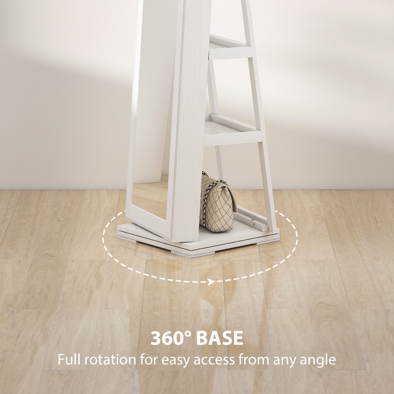 HOMCOM 360° Swivel Jewelry Armoire, Lockable Mirror Jewelry Cabinet with Built-In Small Mirror, White