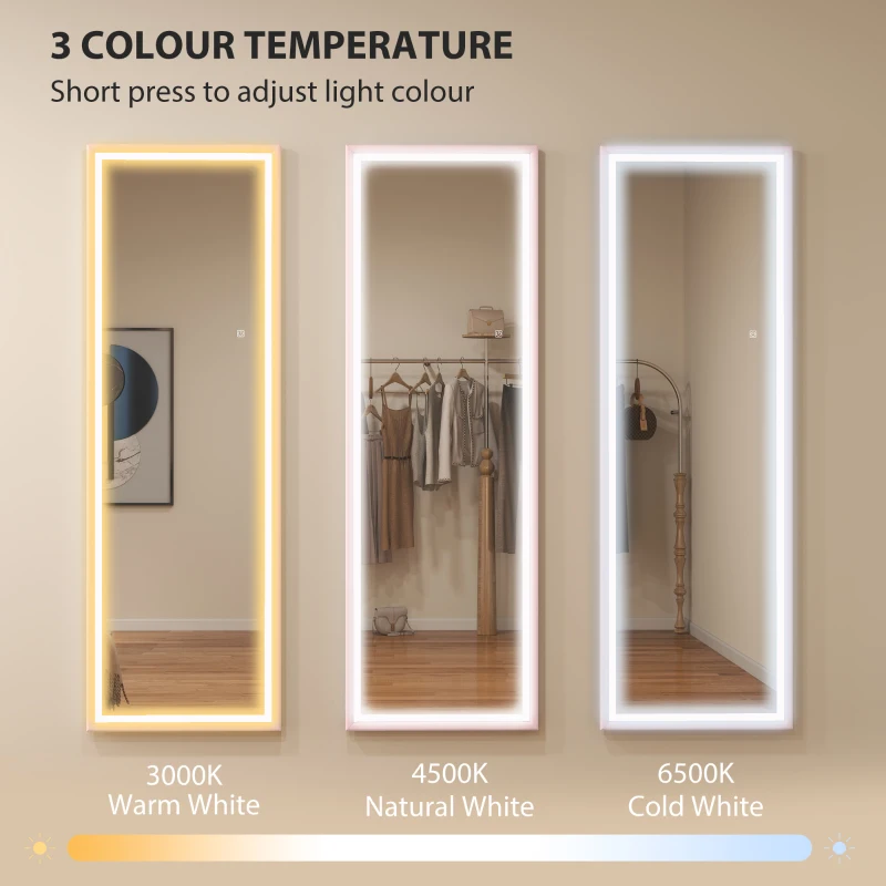 HOMCOM LED Mirror with Dimmable and 3 Colour Lights, 64" x 21" Rectangular Full Body Mirror for Bedroom Living Room, Pink