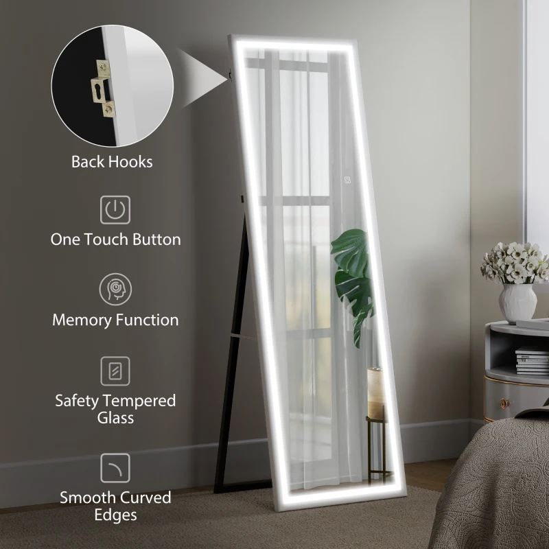 HOMCOM LED Mirror with Dimmable and 3 Colour Lights, 64" x 21" Rectangular Full Body Mirror for Bedroom Living Room, White