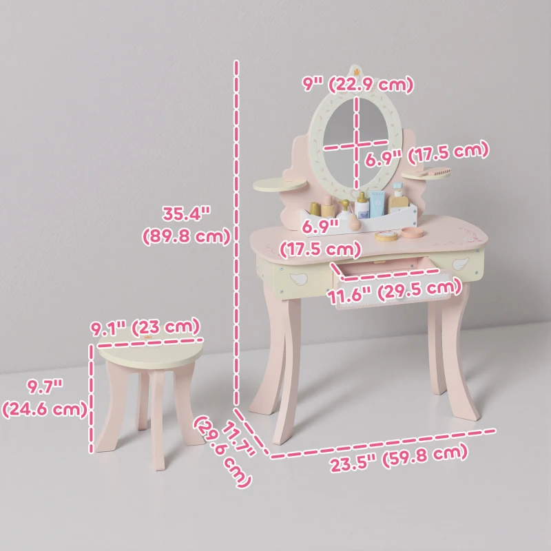 Qaba Kids Vanity Set, Girls Dressing Table with Mirror and Stool, 7 Accessories, Drawers, Desktop Storage, Pink