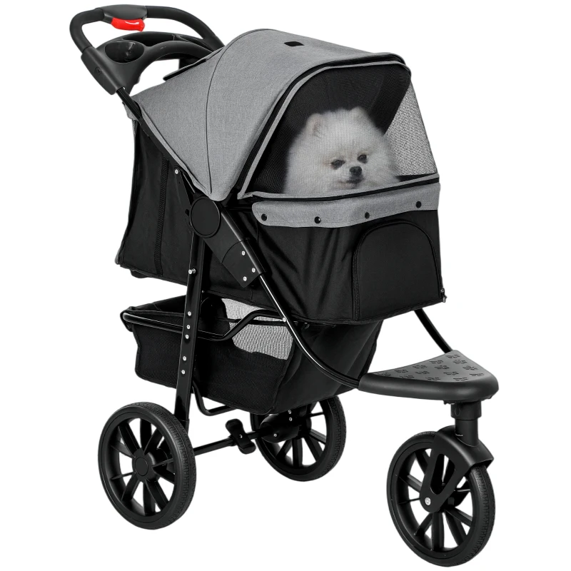 PawHut 3 Wheel Folding Dog Stroller, Travel Carrier with Adjustable Canopy, Storage Brake, Mesh Window for S&M Dogs Grey