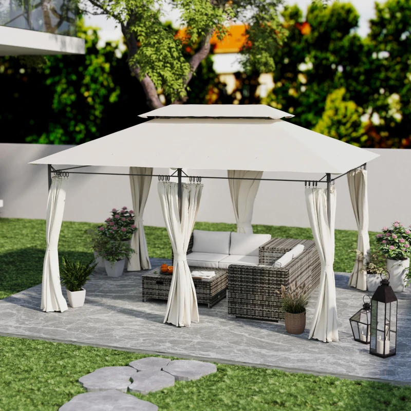 Outsunny 10' x 13' Double Roof Patio Gazebo, Outdoor Gazebo with Curtains, for Garden, Lawn, Backyard and Deck, Cream White