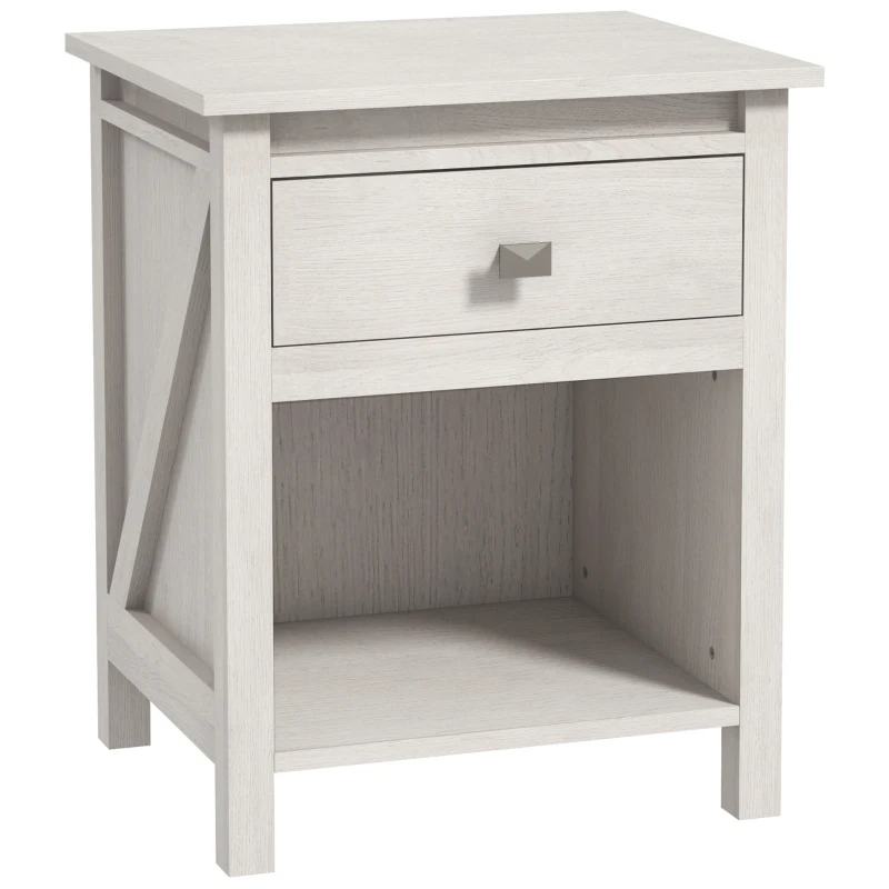HOMCOM Bedside Table, Farmhouse Nightstand with with Drawer and Storage Shelf, Night Table for Bedroom, White
