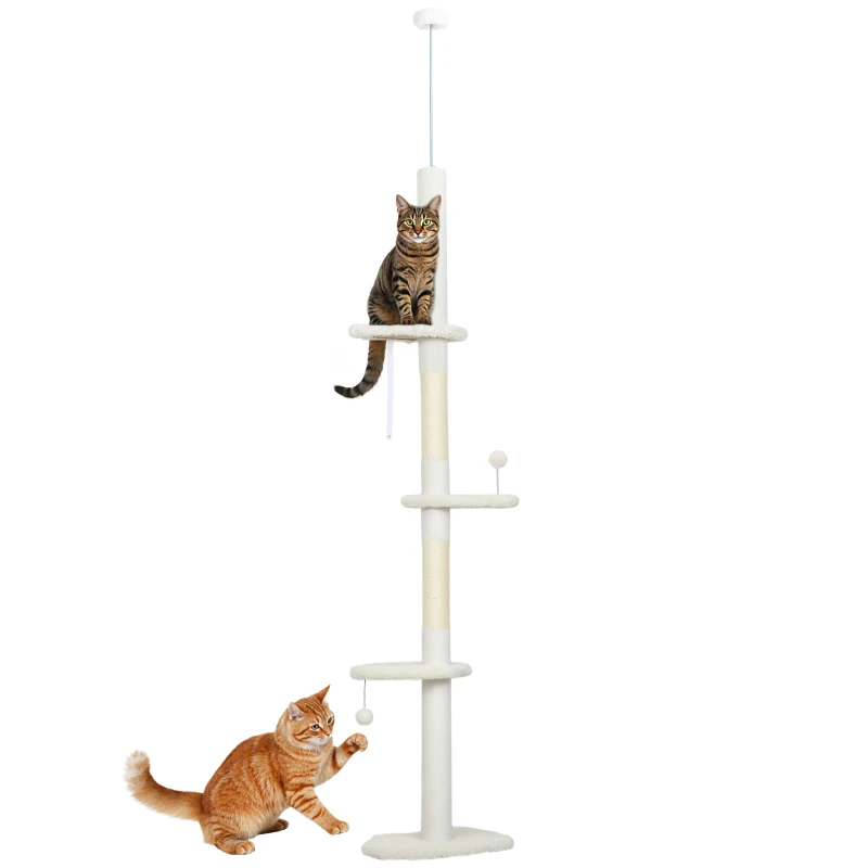 PawHut 88.5"-100.5" Floor to Ceiling Cat Tree, Cat Tower with Scratching Posts, Cloud Shaped Platforms, Dangling Balls, Cream