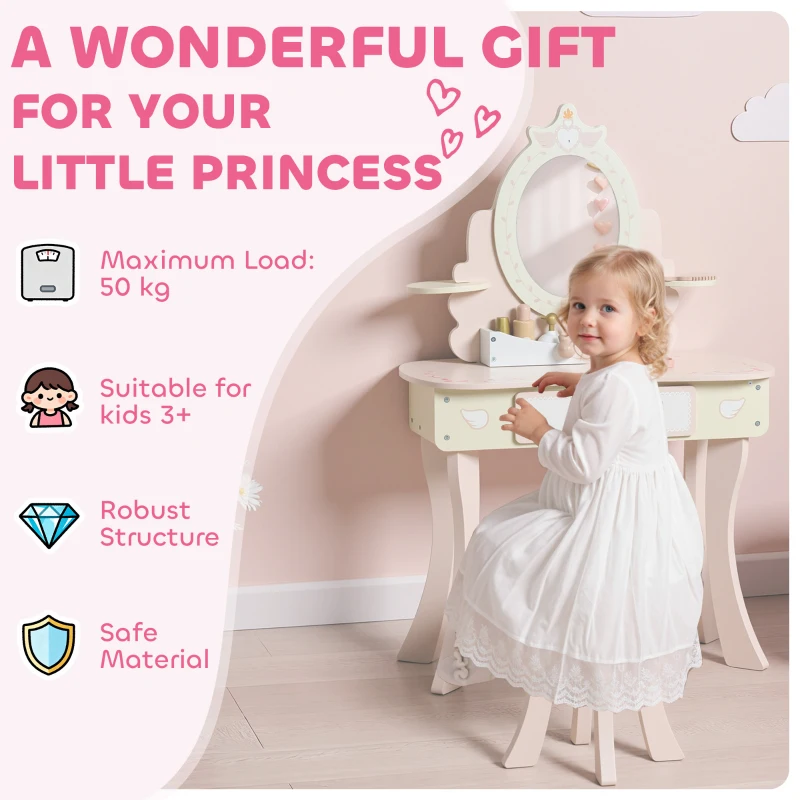 Qaba Kids Vanity Set, Girls Dressing Table with Mirror and Stool, 7 Accessories, Drawers, Desktop Storage, Pink