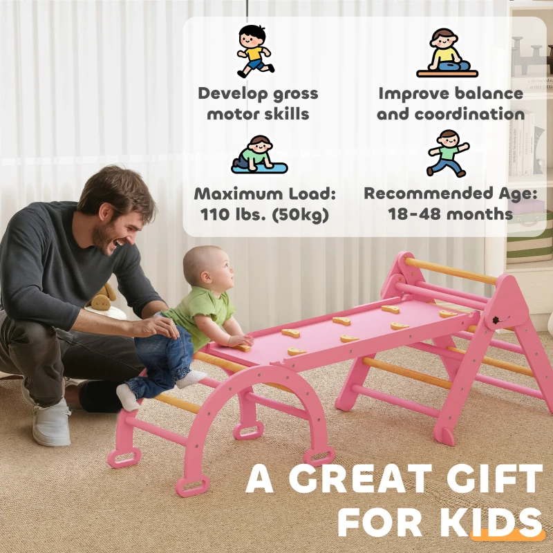 Qaba 7-in-1 Pikler Triangle Set, Foldable Wooden Climbing Toys with Arch, Ramp and Ladder for Toddlers 1-4 Years, Pink