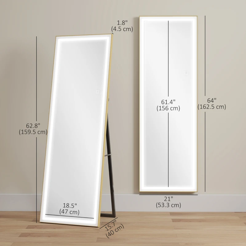 HOMCOM LED Mirror with Dimmable and 3 Colour Lights, 64" x 21" Rectangular Floor Mirror for Bedroom Living Room, Gold