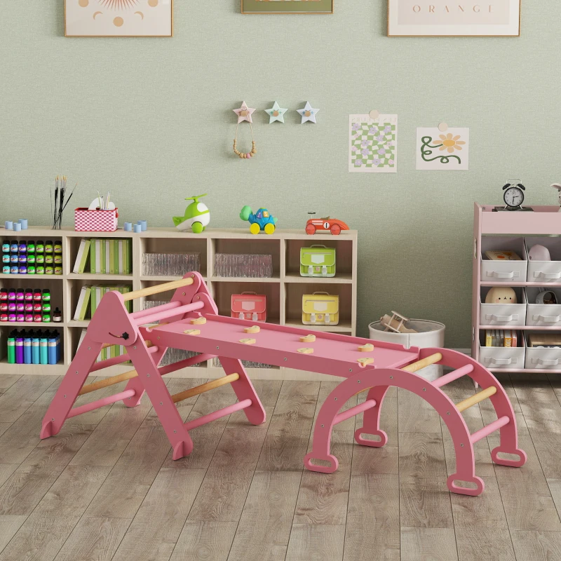 Qaba 7-in-1 Pikler Triangle Set, Foldable Wooden Climbing Toys with Arch, Ramp and Ladder for Toddlers 1-4 Years, Pink