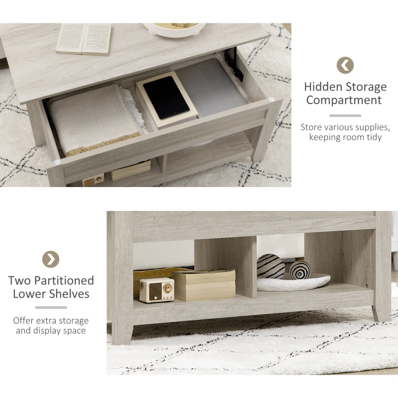 HOMCOM Lift Top Coffee Table with Hidden Storage Compartment and Open Shelves, Lift Tabletop Pop-Up Center Table for Living Room, Oak Effect