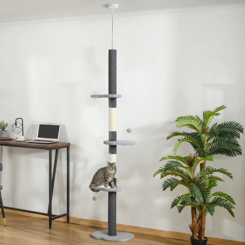 PawHut 88.5"-100.5" Floor to Ceiling Cat Tree, Cat Tower with Scratching Posts, Cloud Shaped Platforms, Dangling Balls, Grey