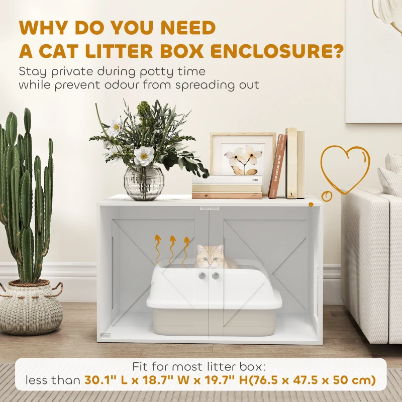 PawHut Cat Litter Box Enclosure with Double Doors, Handles, Fit Most of Cat and Litter Box, 31.5" x 21" x 20", White