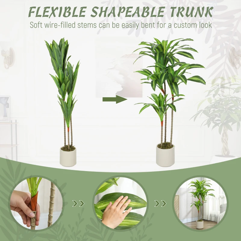 HOMCOM 4FT Dracaena Fake Plant, Artificial Plant with Bendable Trunks for Home Office Decor, Green