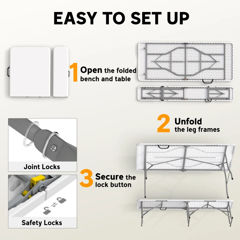 Outsunny 6FT 3-Piece Portable Outdoor Camping Table Bench Set with Carrying Handles, Folding Picnic Table with 2 Benches, White