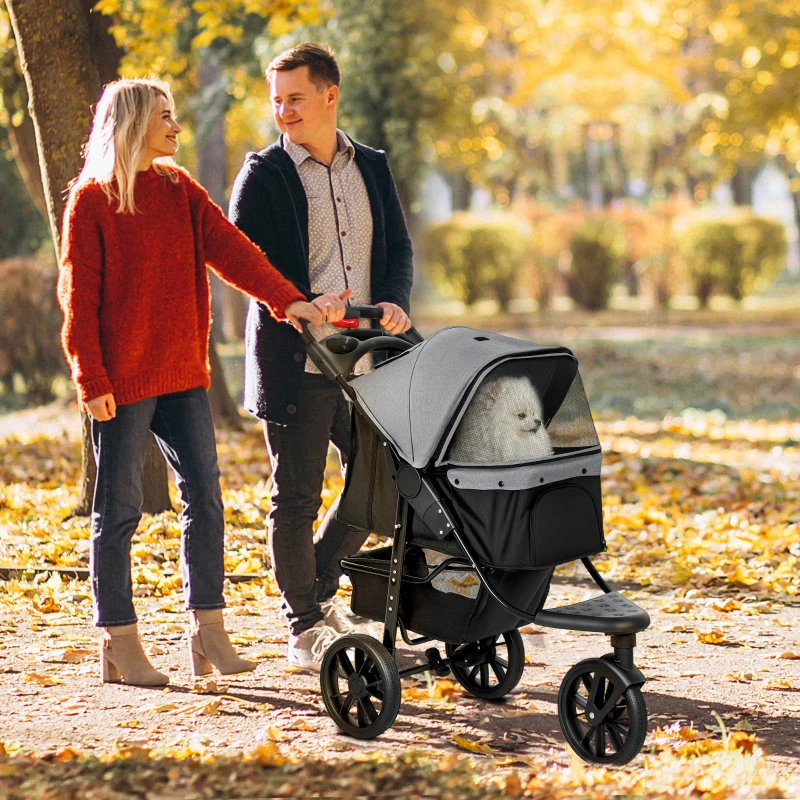 PawHut 3 Wheel Folding Dog Stroller, Travel Carrier with Adjustable Canopy, Storage Brake, Mesh Window for S&M Dogs Grey