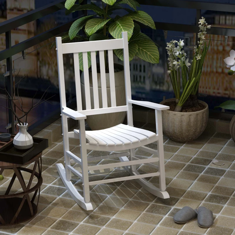 Outsunny Wooden Outdoor Rocking Chair with Armrests, High Back for Garden, Patio, Balcony, Porch, White