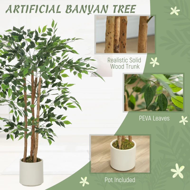 HOMCOM 4FT Artificial Banyan Tree Set of 2, Fake Potted Tree with Solid Wood Trunk and Pot for Indoor