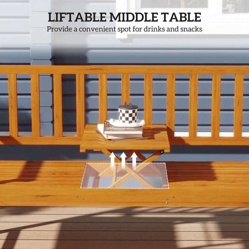Outsunny Wooden Bench with Liftable Middle Table, Outdoor Bench, Patio Loveseat for Porch, Backyard, Seats 2-3 People