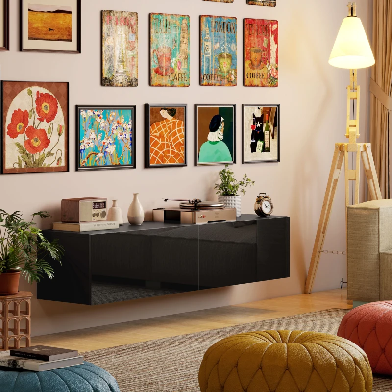 HOMCOM Floating TV Stand with Storage Cupboards for 45, 55, 65in TVs, Wall Mounted TV Console Entertainment Unit, Black