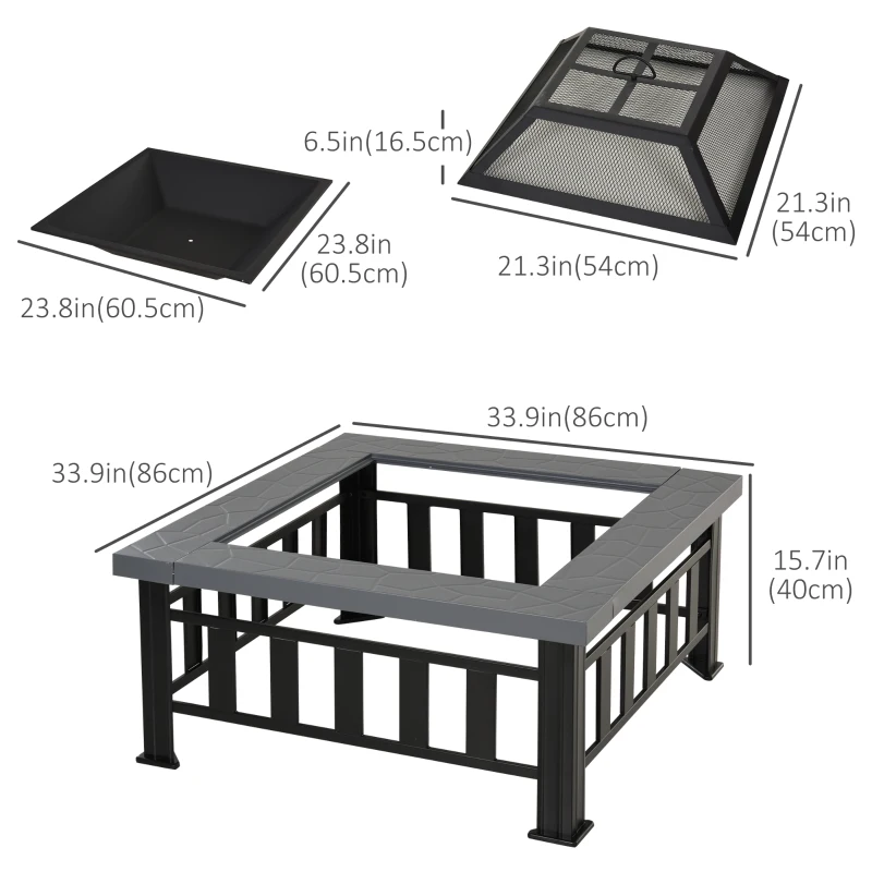 Outsunny 34" Outdoor Square Firepit Steel Stove Portable with Spark Screen Cover Log Grate Poker and Rain Cover for Outside Wood Burning and Camping Black