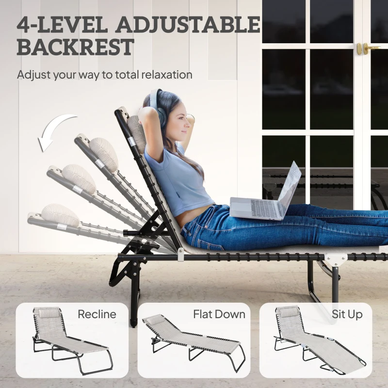 Outsunny Outdoor Folding Lounge Chair, 4-Level Adjustable Chaise Lounge with Headrest, Tanning Chair Beach Bed, Reclining Lounger Cot for Camping, Hiking, Backyard, Cream