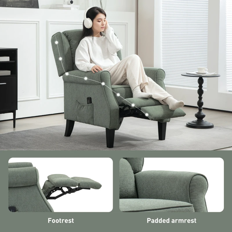 HOMCOM Push Back Recliner Chair, Vibration Massage Recliner for Living Room with Extendable Footrest, Remote, Green