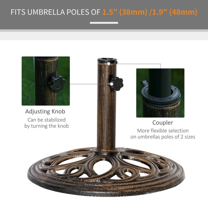 Outsunny 25lbs Cast Iron Round Patio Umbrella Base Stand, Umbrella Holder for Outdoor, Patio, Garden, Deck and Beach, Fit Dia. 1.5", 2" Pole, Bronze