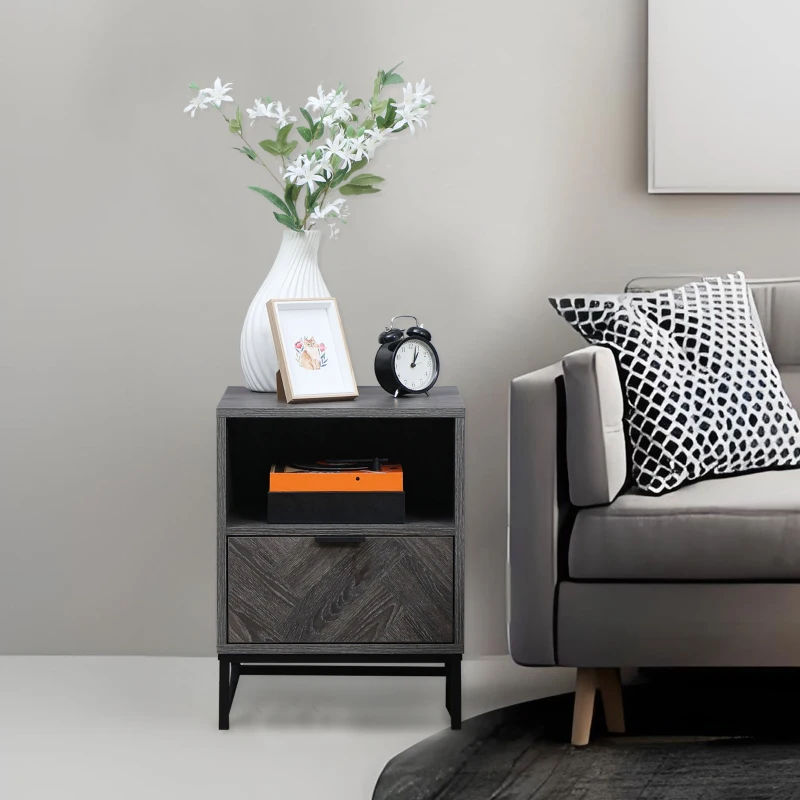 HOMCOM Modern Bedside Table with Drawer and Open Shelf, Sofa Side Table for Bedroom Living Room, Dark Grey