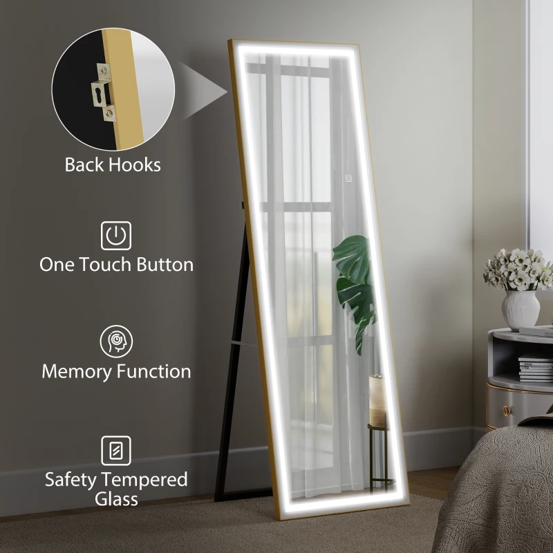 HOMCOM LED Mirror with Dimmable and 3 Colour Lights, 64" x 21" Rectangular Floor Mirror for Bedroom Living Room, Gold